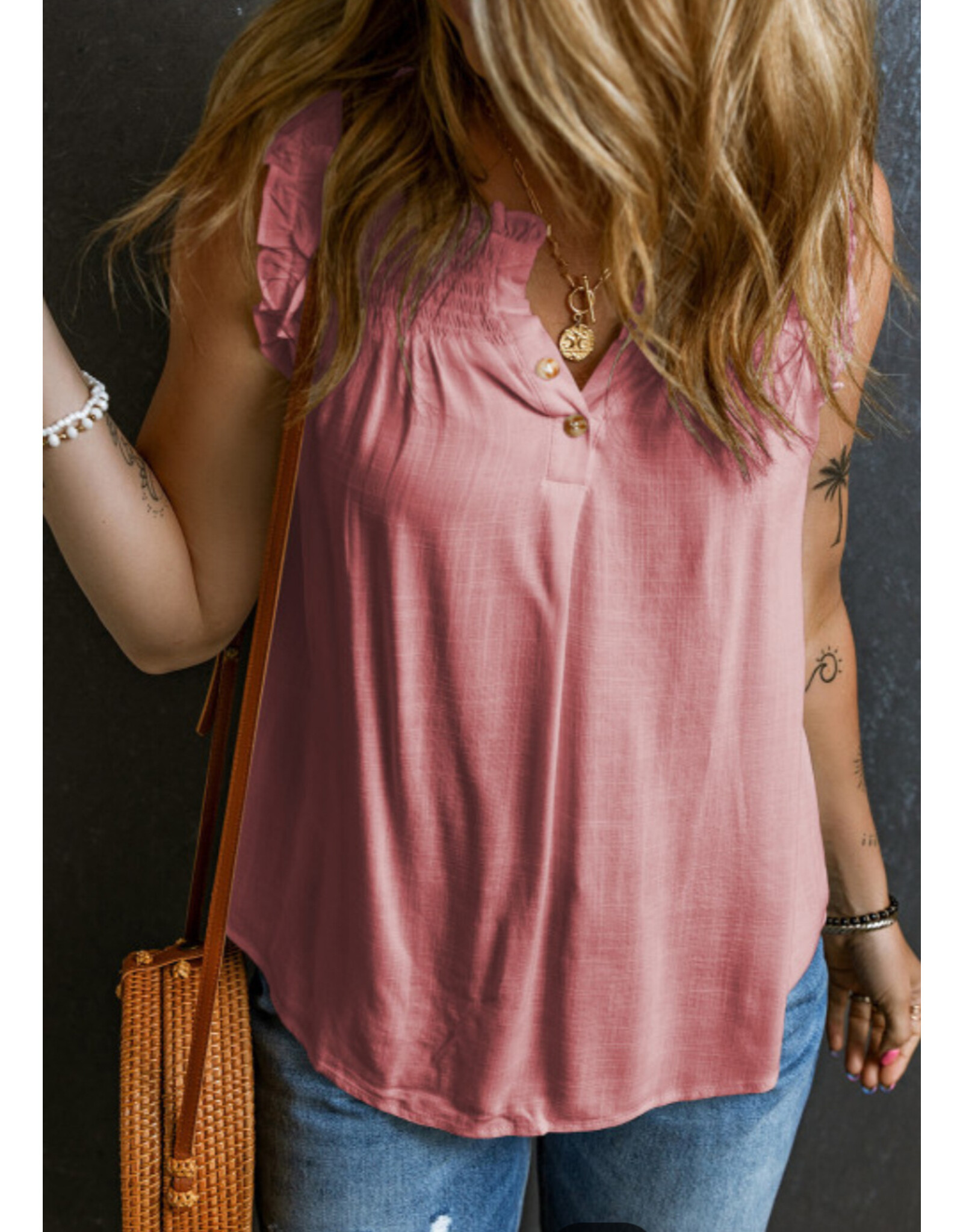 LATA Split Neck Ruffled Tank