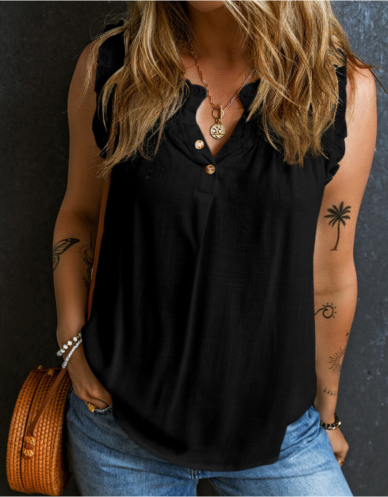 LATA Split Neck Ruffled Tank