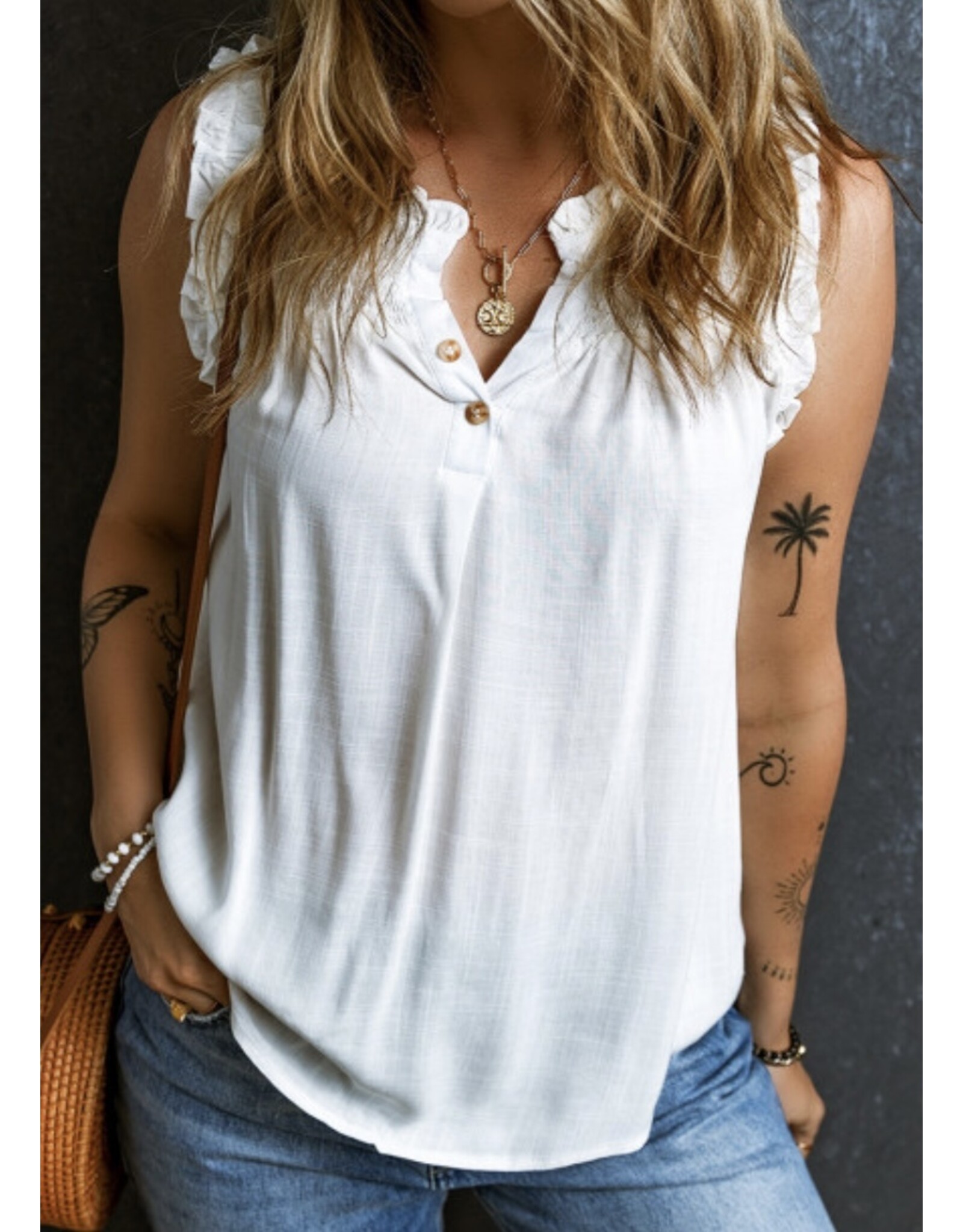 LATA Split Neck Ruffled Tank