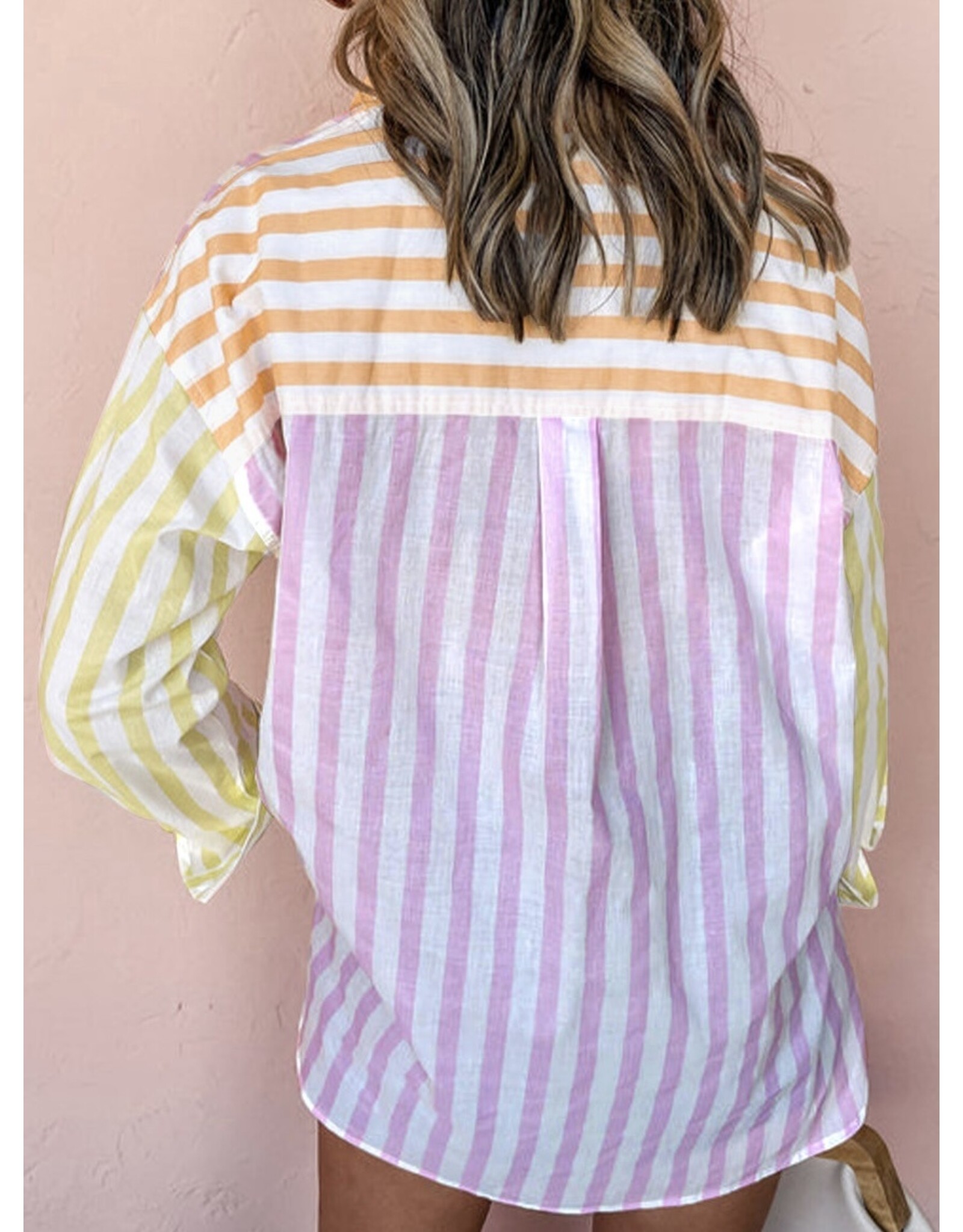 LATA Stripe Contrast Collar  Patchwork Shirt