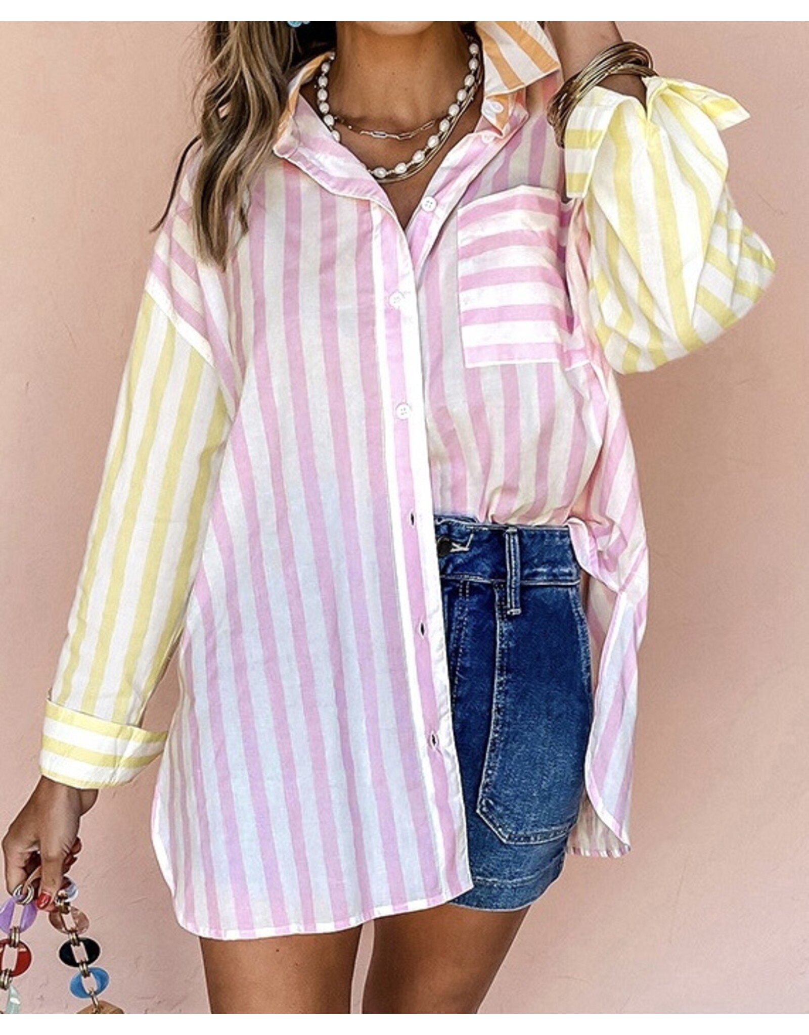 LATA Stripe Contrast Collar  Patchwork Shirt