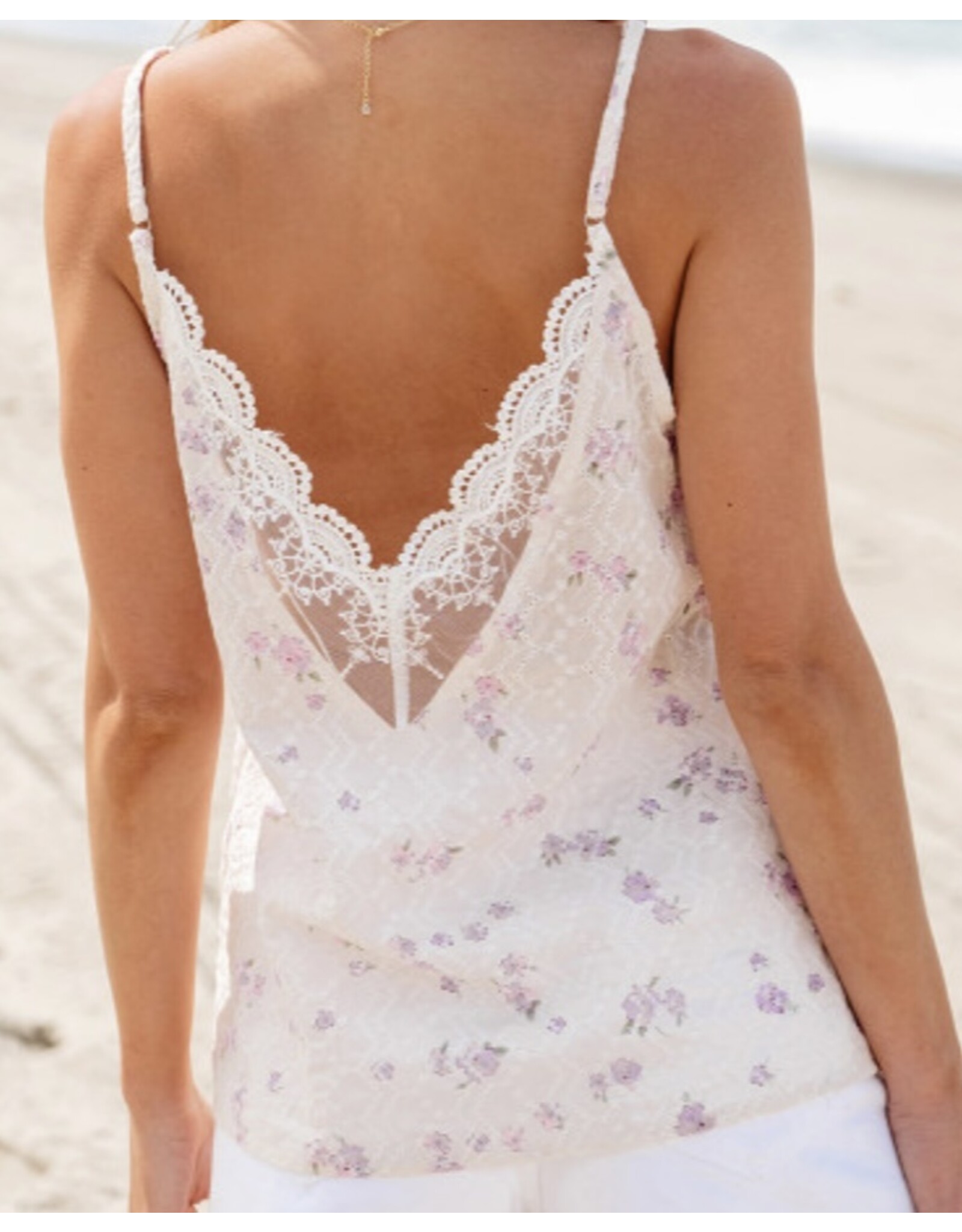 LATA Flower Embroidered Lace V Neck Tank