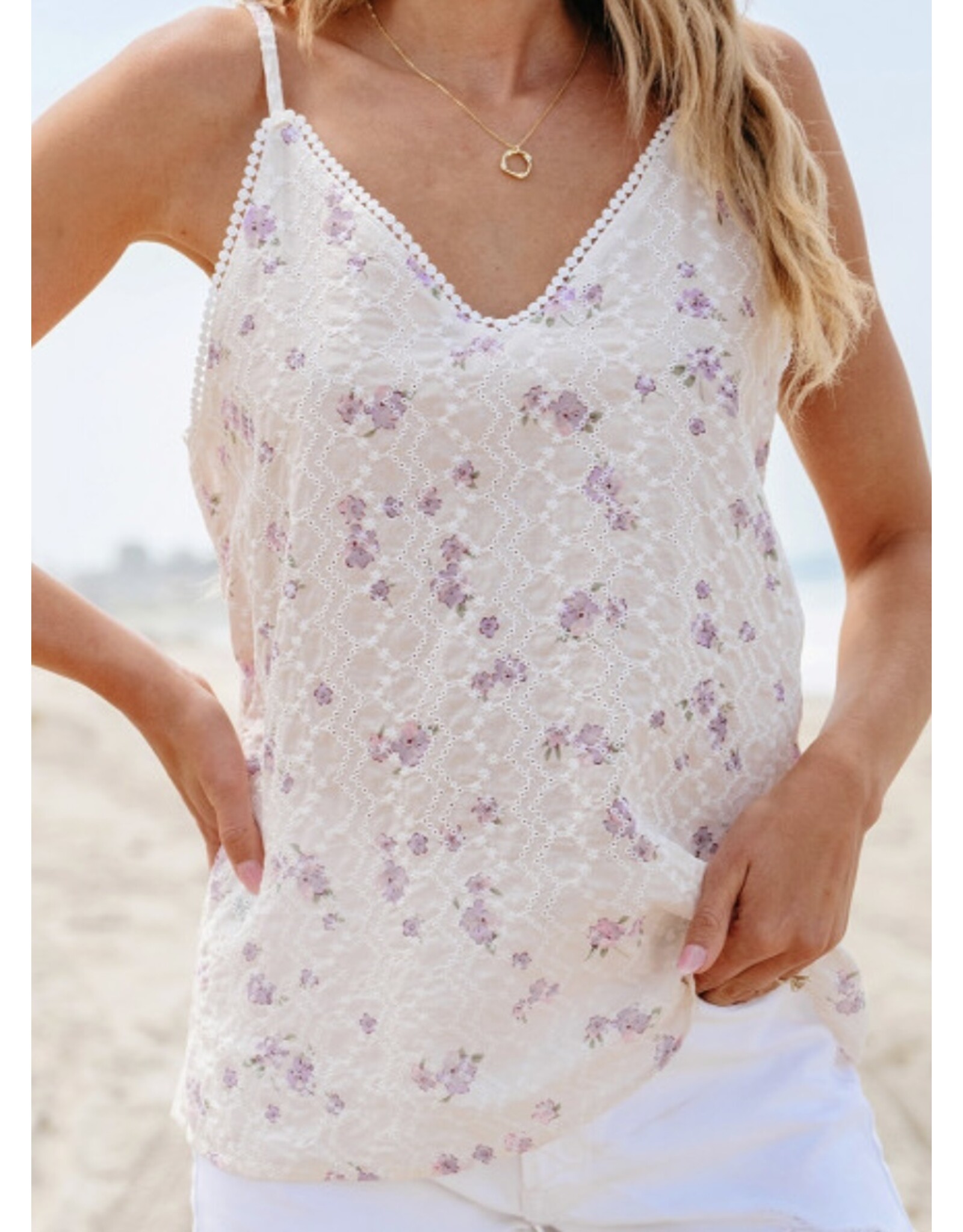 LATA Flower Embroidered Lace V Neck Tank