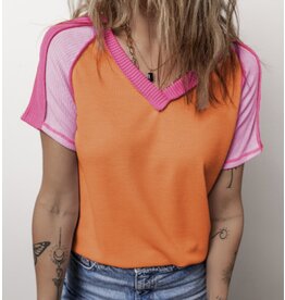 LATA Orange Exposed  Seam Color V Neck