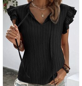 LATA Black Textured Ruffled Slv Top