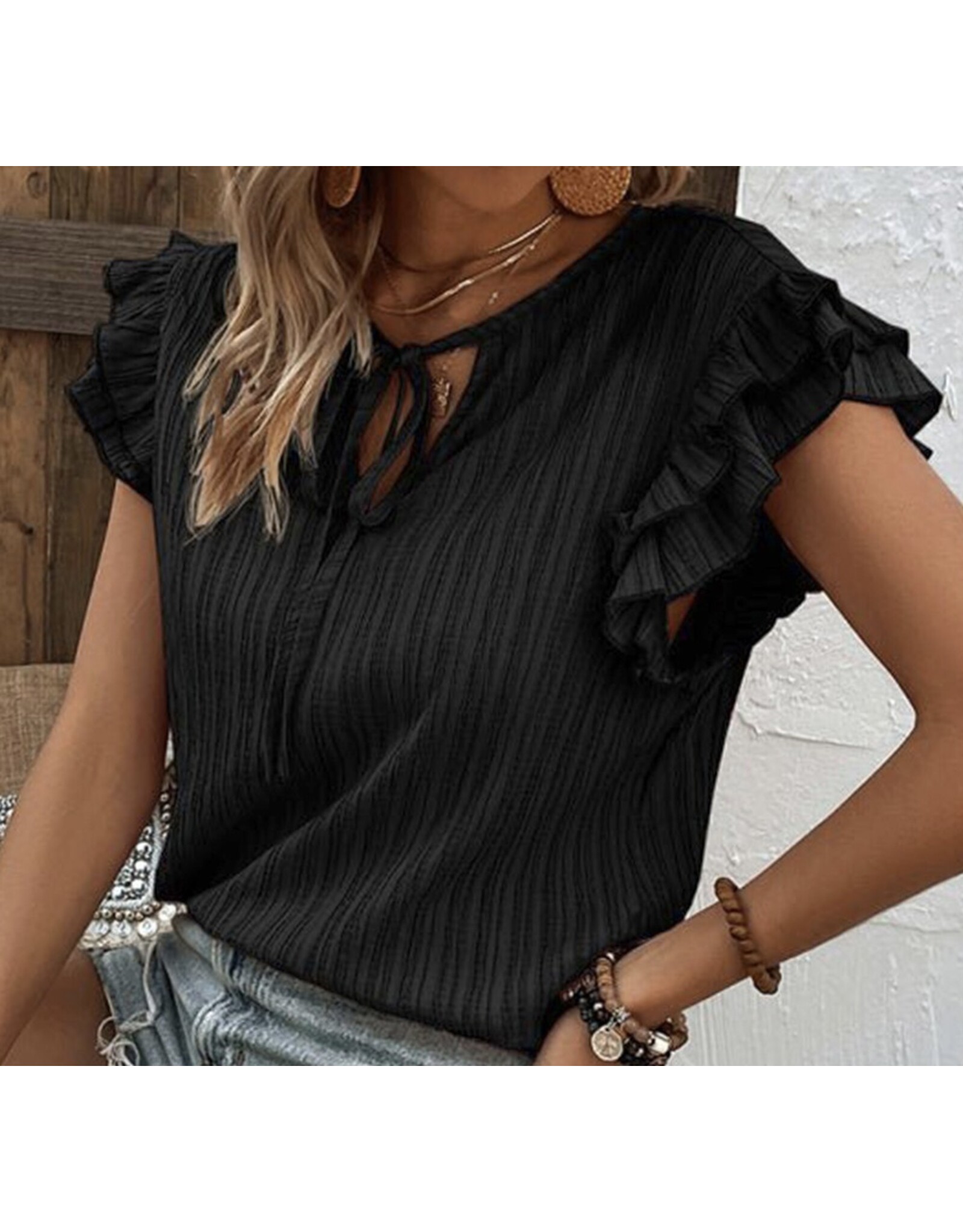 LATA Black Textured Ruffled Slv Top