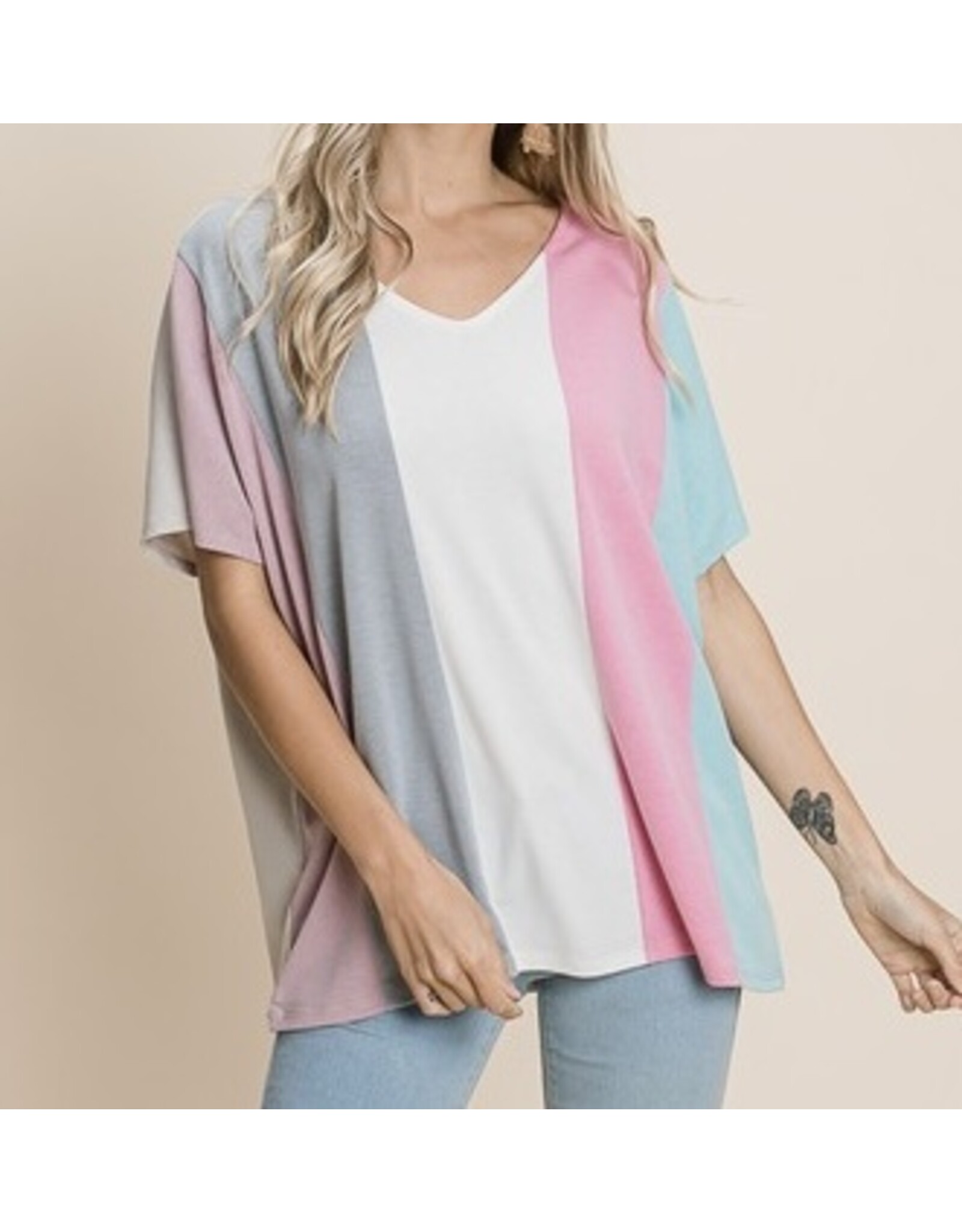 Striped color-block v neck top