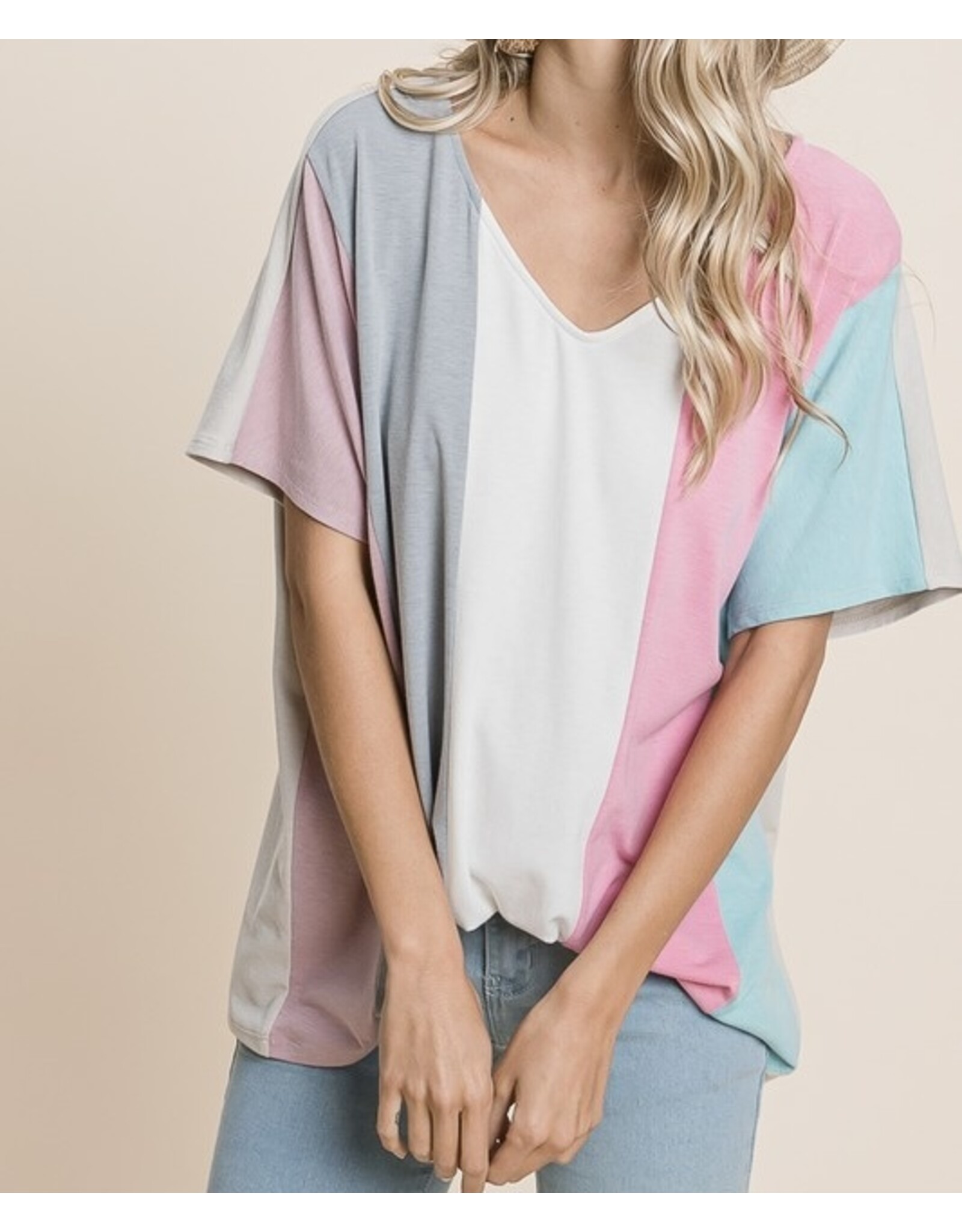 Striped color-block v neck top