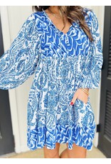 LATA Blue Bohemian Puff Slv Tied V Neck Mini Dress