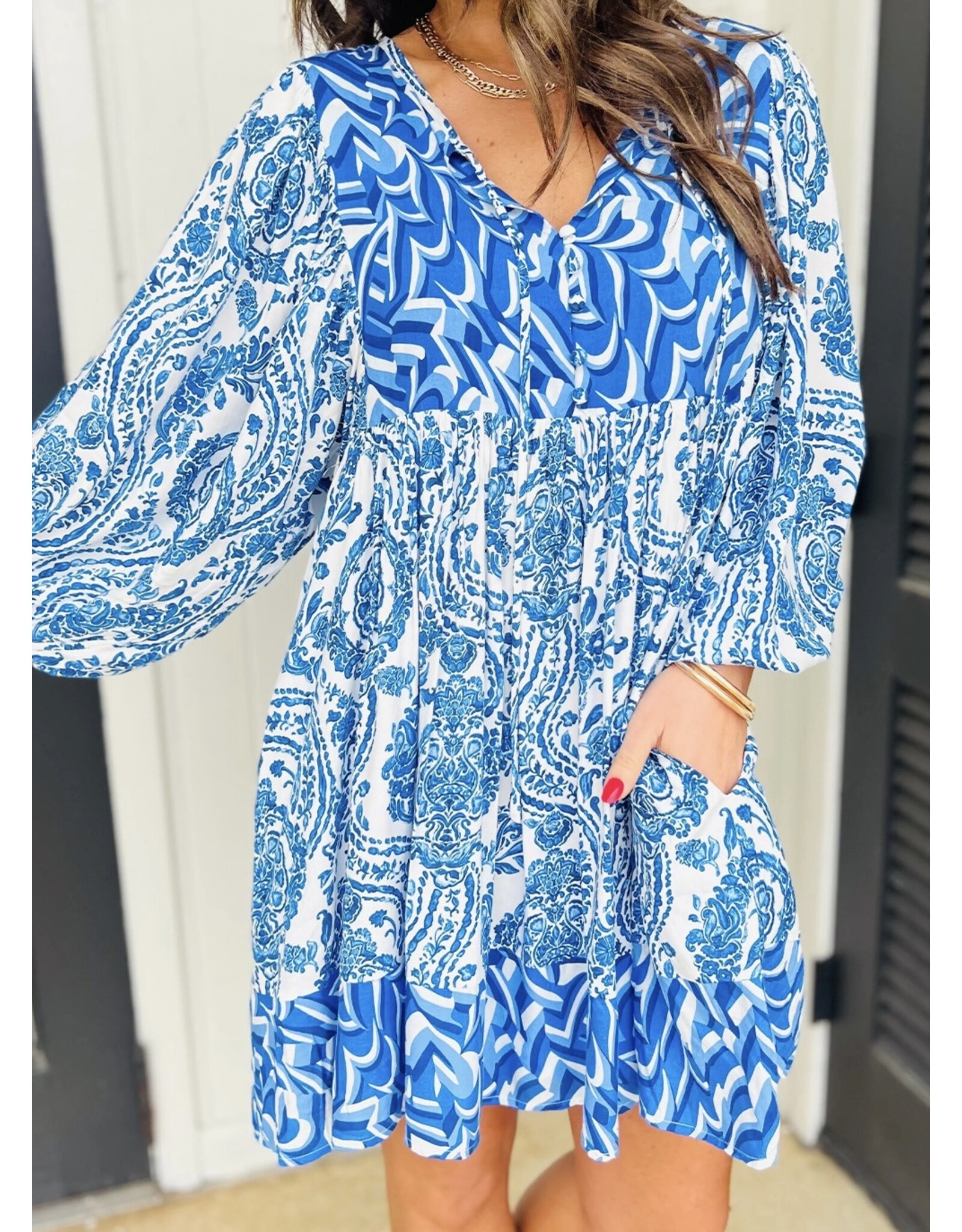 LATA Blue Bohemian Puff Slv Tied V Neck Mini Dress