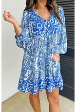 LATA Blue Bohemian Puff Slv Tied V Neck Mini Dress