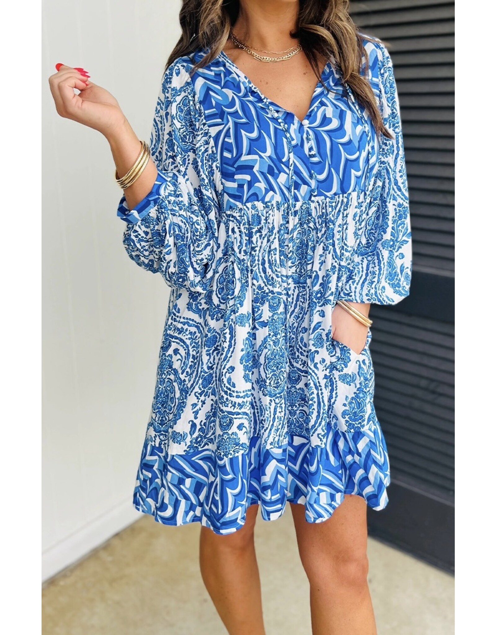 LATA Blue Bohemian Puff Slv Tied V Neck Mini Dress