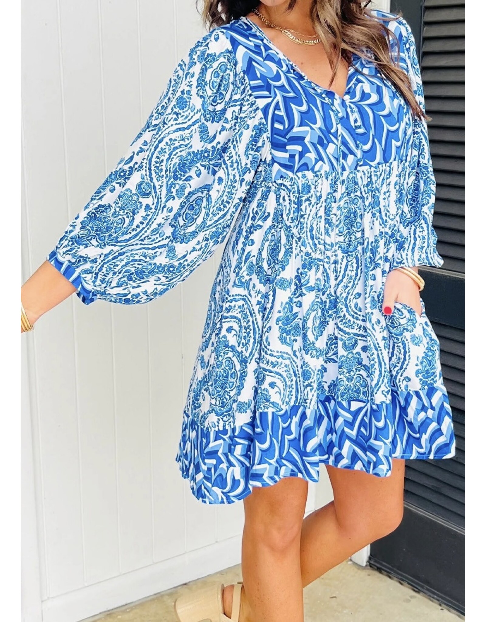 LATA Blue Bohemian Puff Slv Tied V Neck Mini Dress