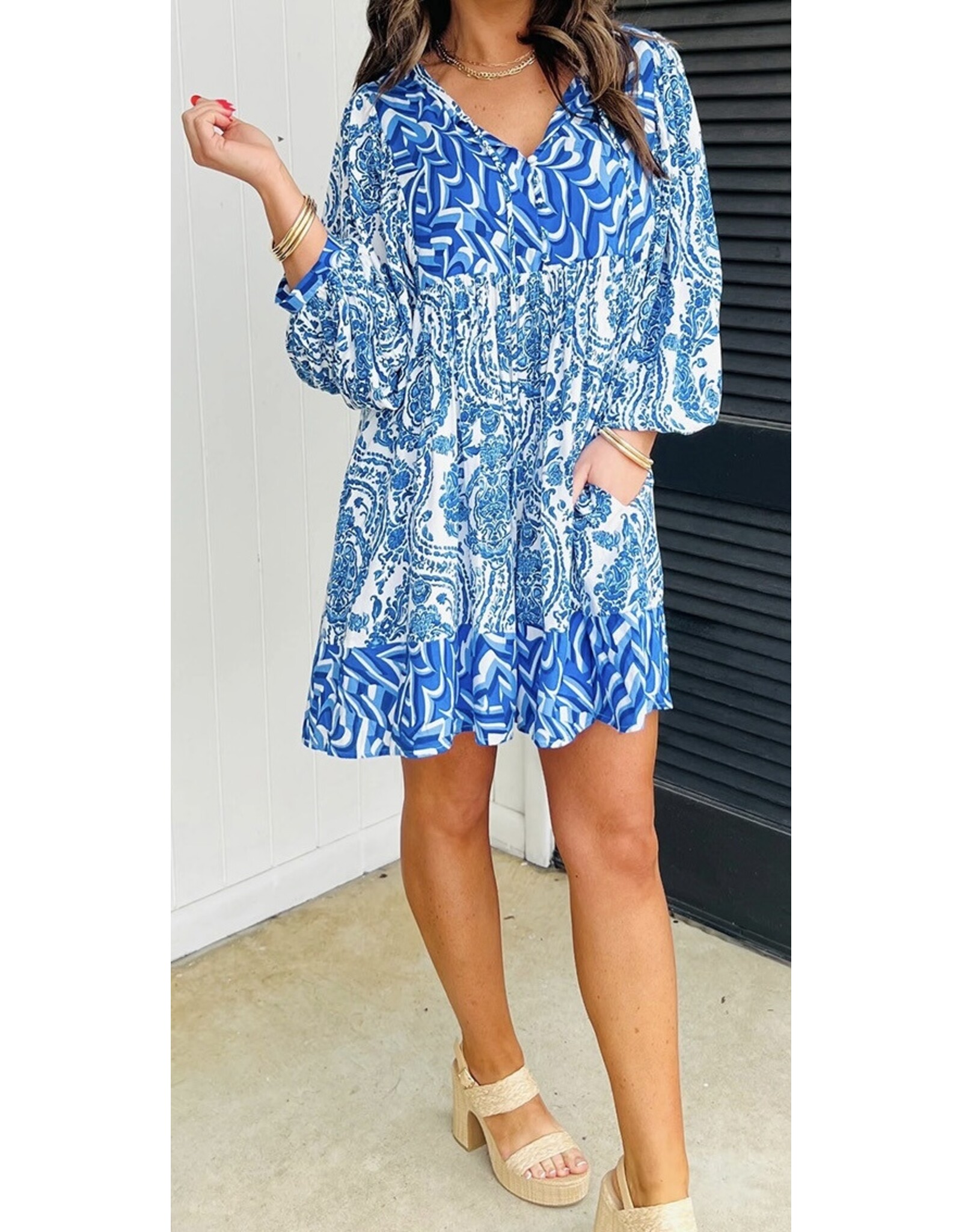 LATA Blue Bohemian Puff Slv Tied V Neck Mini Dress