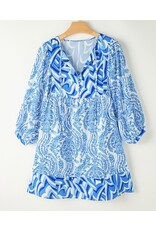 LATA Blue Bohemian Puff Slv Tied V Neck Mini Dress