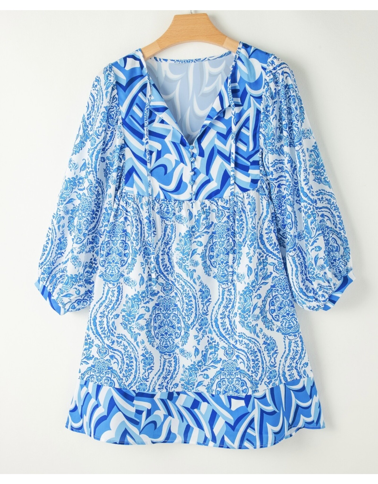 LATA Blue Bohemian Puff Slv Tied V Neck Mini Dress