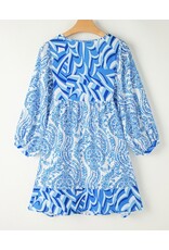 LATA Blue Bohemian Puff Slv Tied V Neck Mini Dress