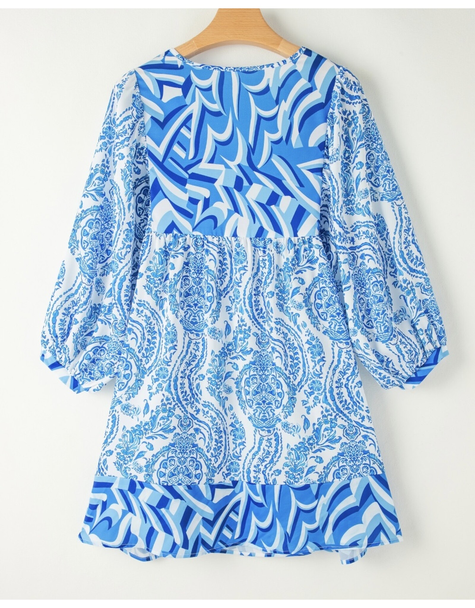 LATA Blue Bohemian Puff Slv Tied V Neck Mini Dress