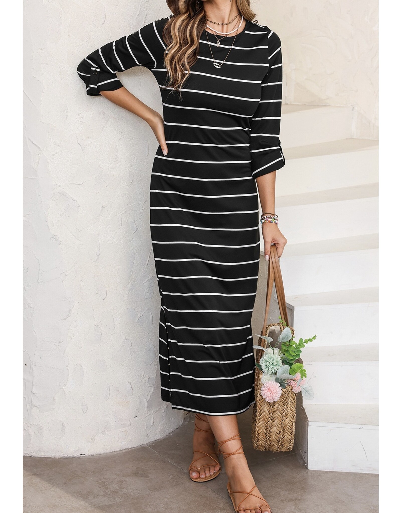 LATA Striped Slit Long Dress