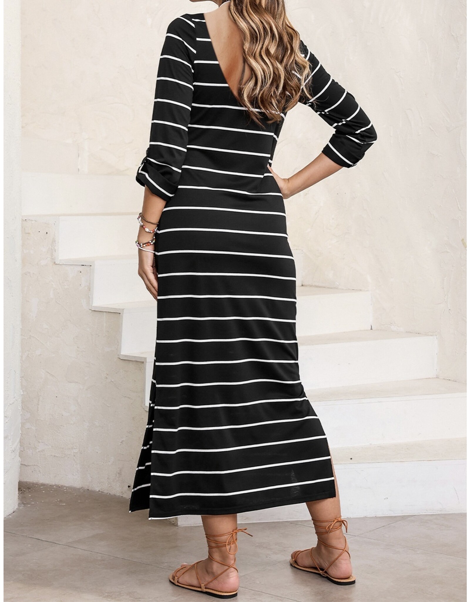 LATA Striped Slit Long Dress