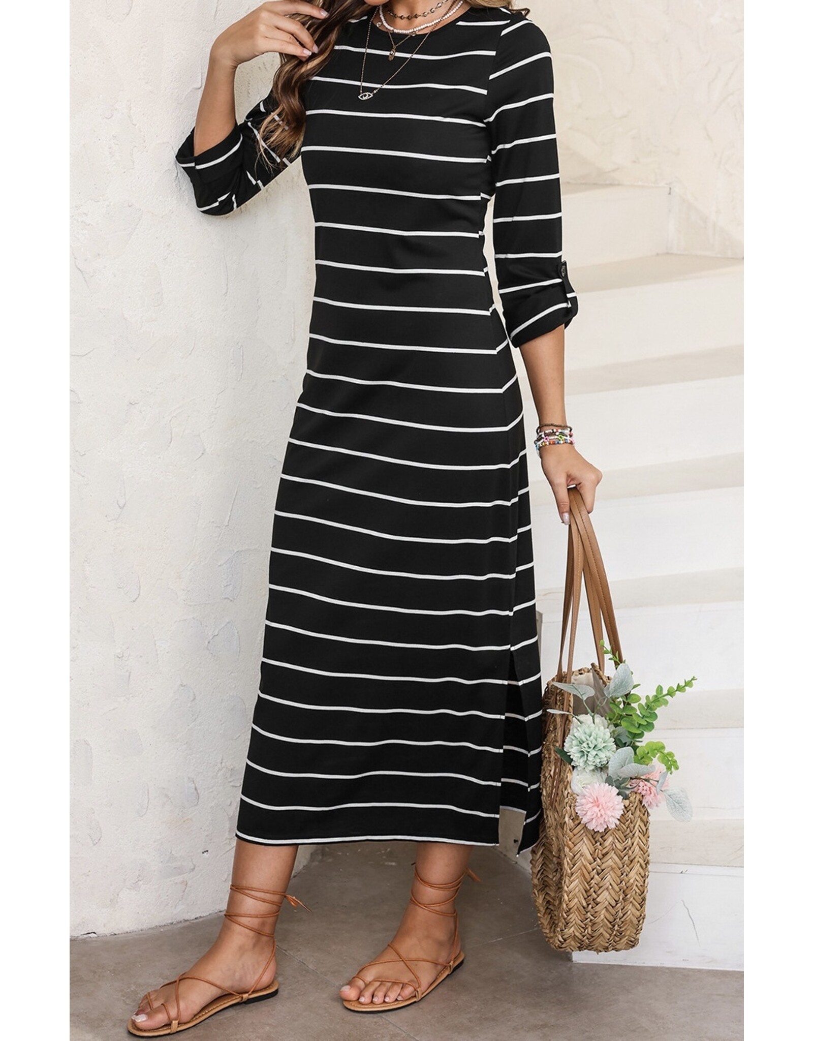 LATA Striped Slit Long Dress