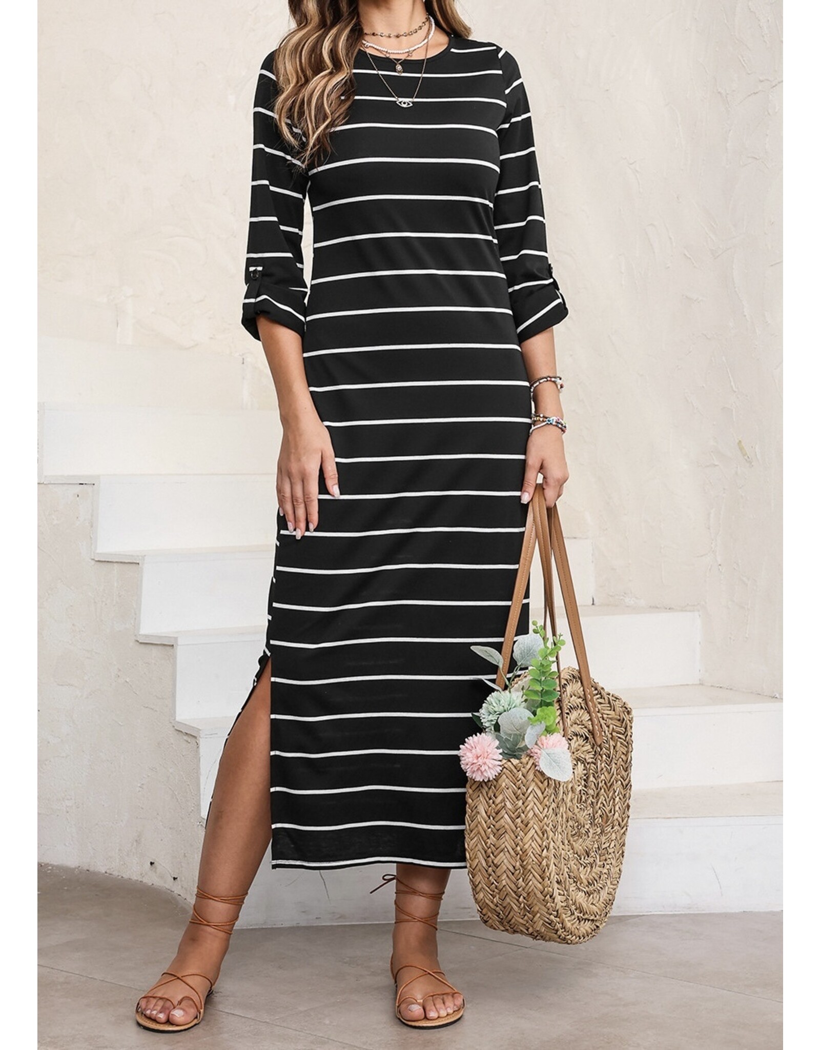 LATA Striped Slit Long Dress