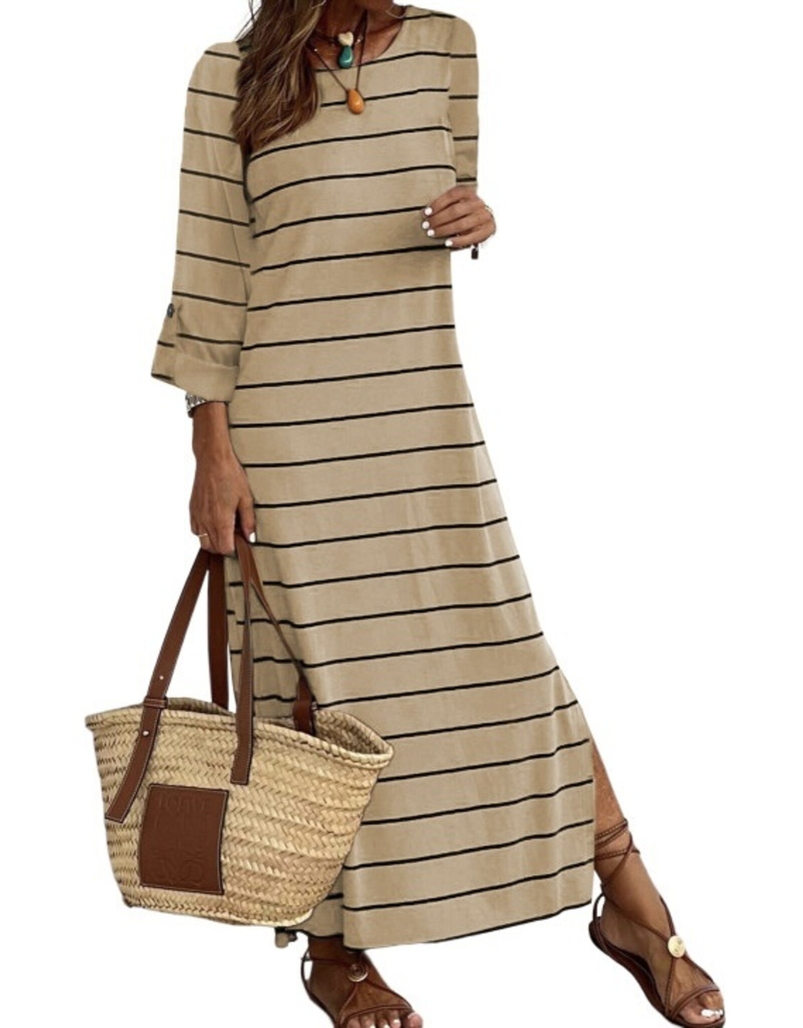 LATA Striped Slit Long Dress