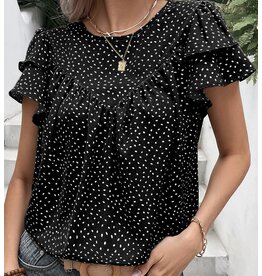 LATA Black Dotted Ruffle Sleeve Ruched Blouse