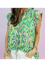 LATA Green Abstract Ruffled Neck Top