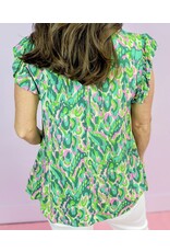 LATA Green Abstract Ruffled Neck Top