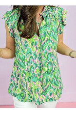 LATA Green Abstract Ruffled Neck Top