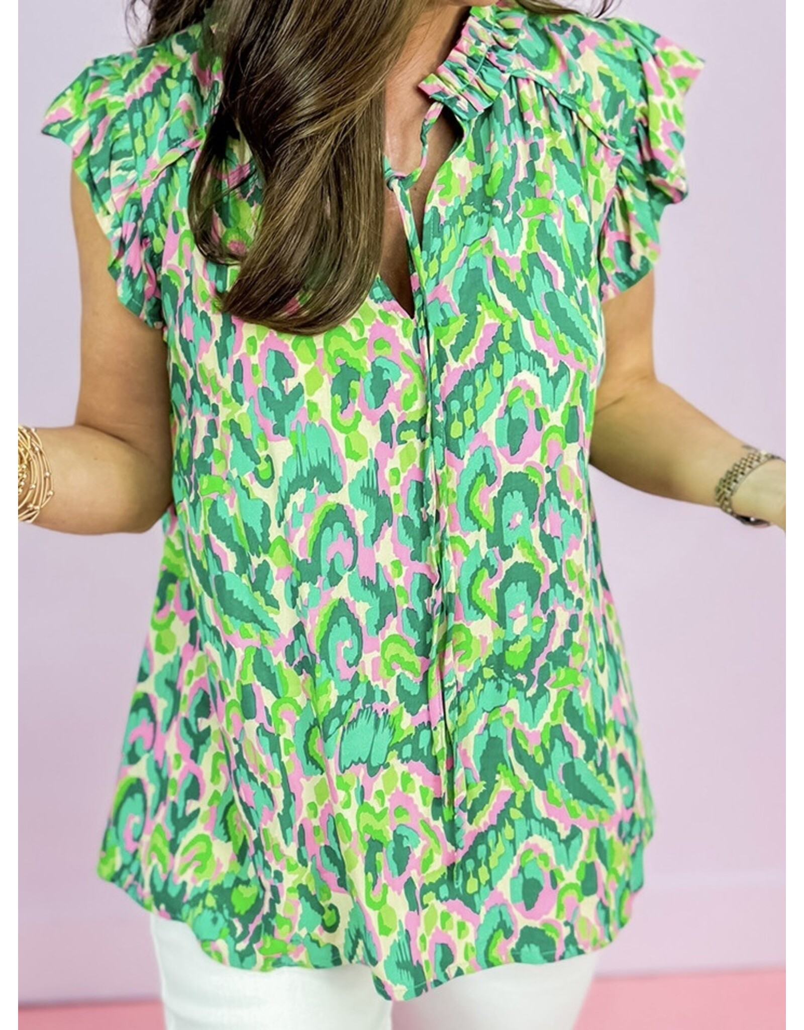 LATA Green Abstract Ruffled Neck Top