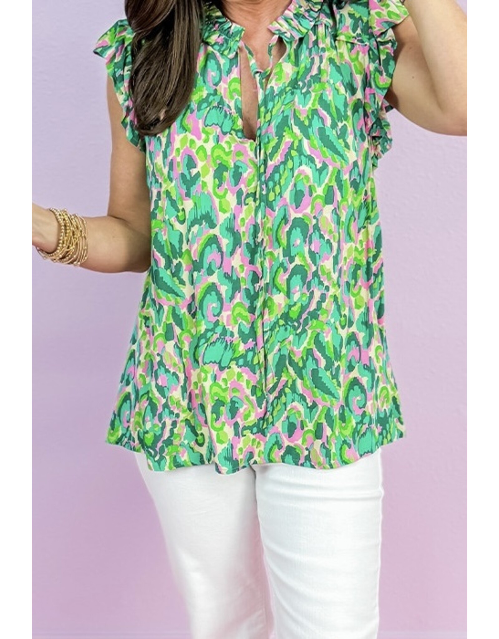 LATA Green Abstract Ruffled Neck Top
