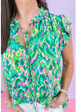 LATA Green Abstract Ruffled Neck Top