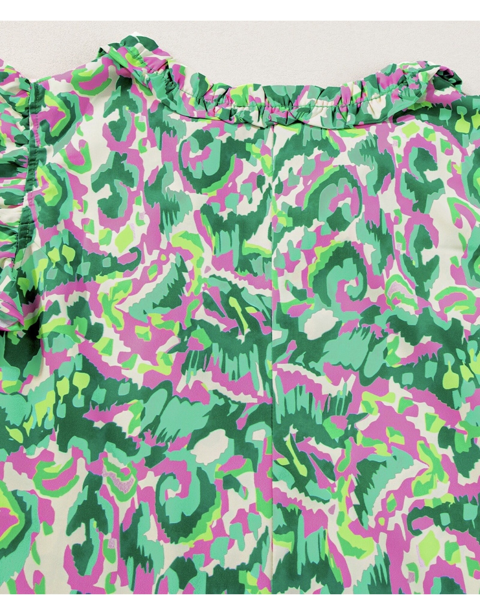 LATA Green Abstract Ruffled Neck Top