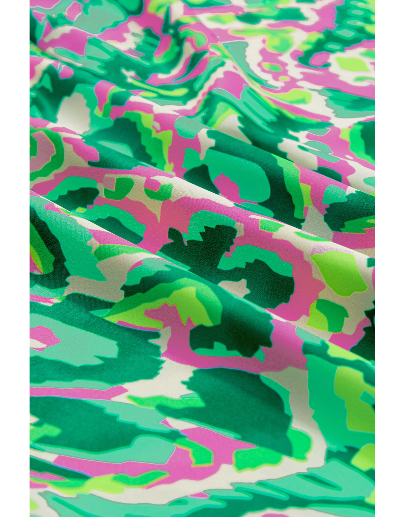 LATA Green Abstract Ruffled Neck Top