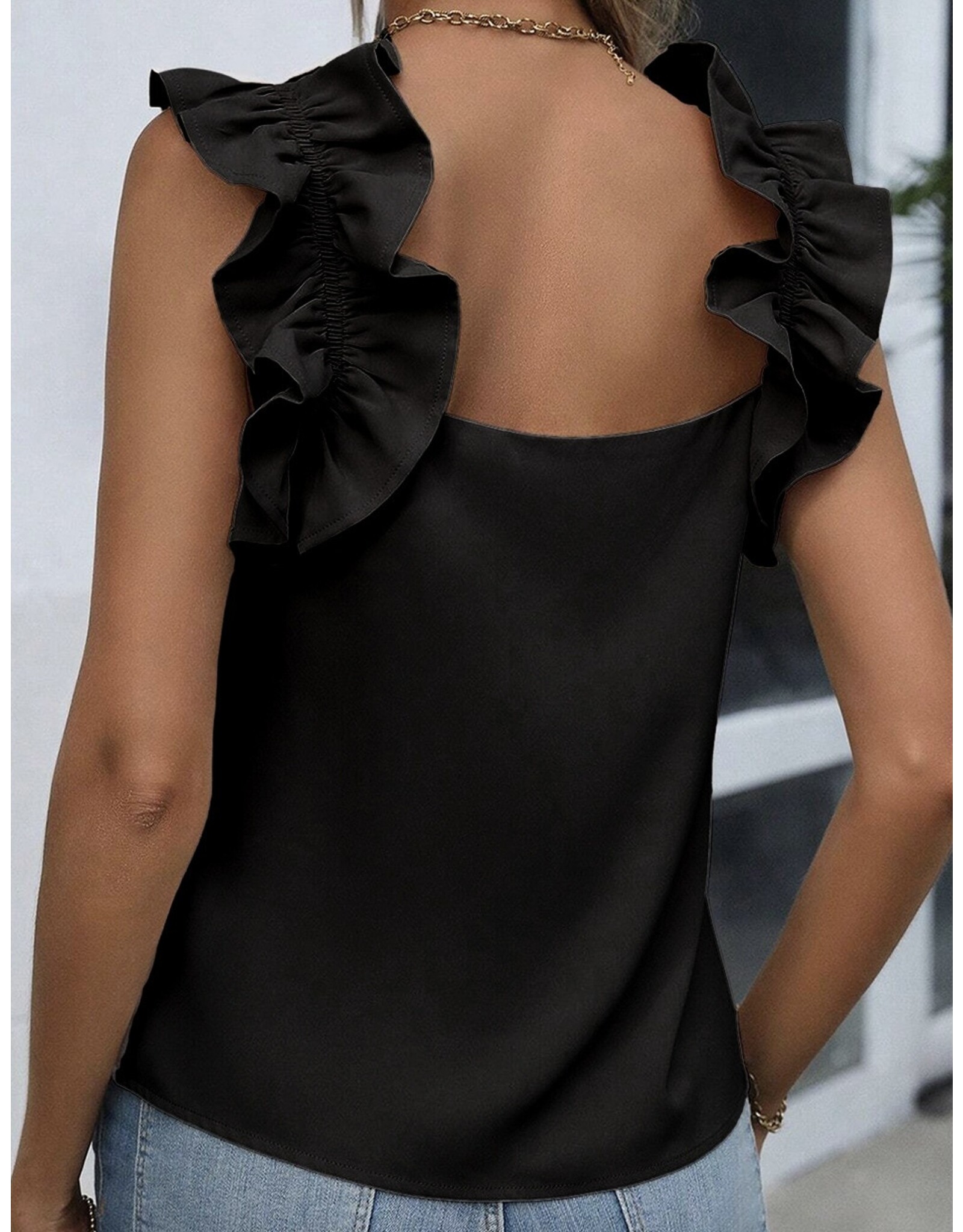 Black ruffle sleeveless top hotsell