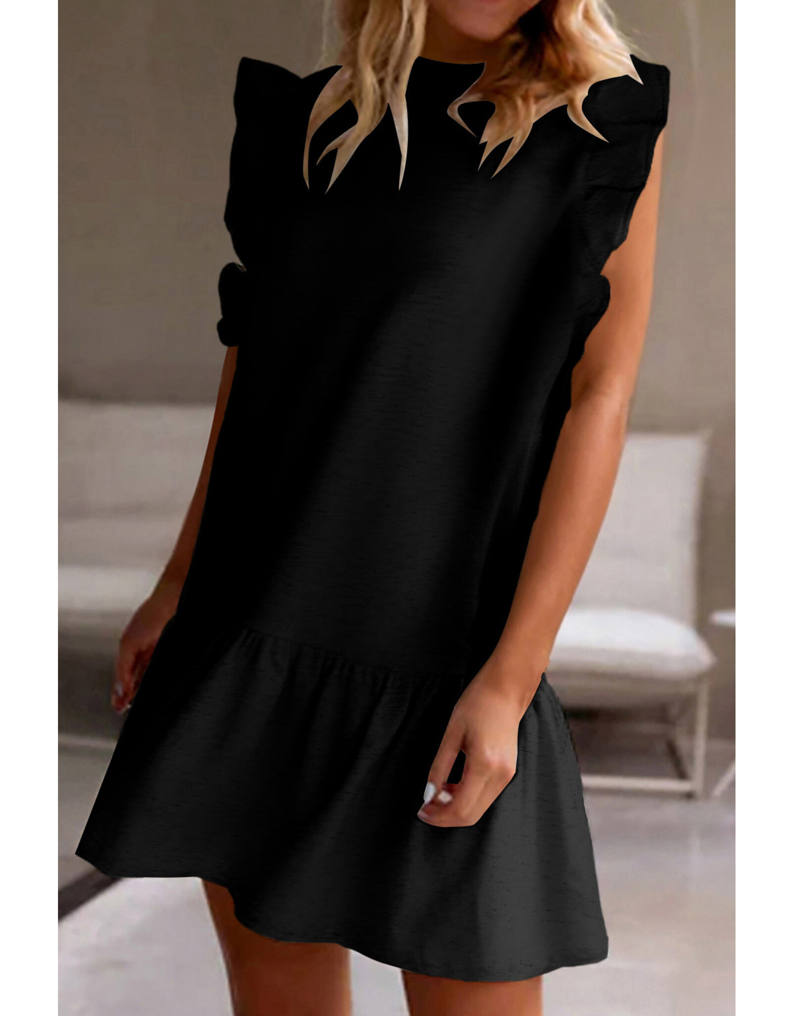 LATA Black Flutter Slv Shift Dress