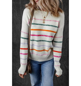 LATA White Colorful Striped Ribbed Sweater