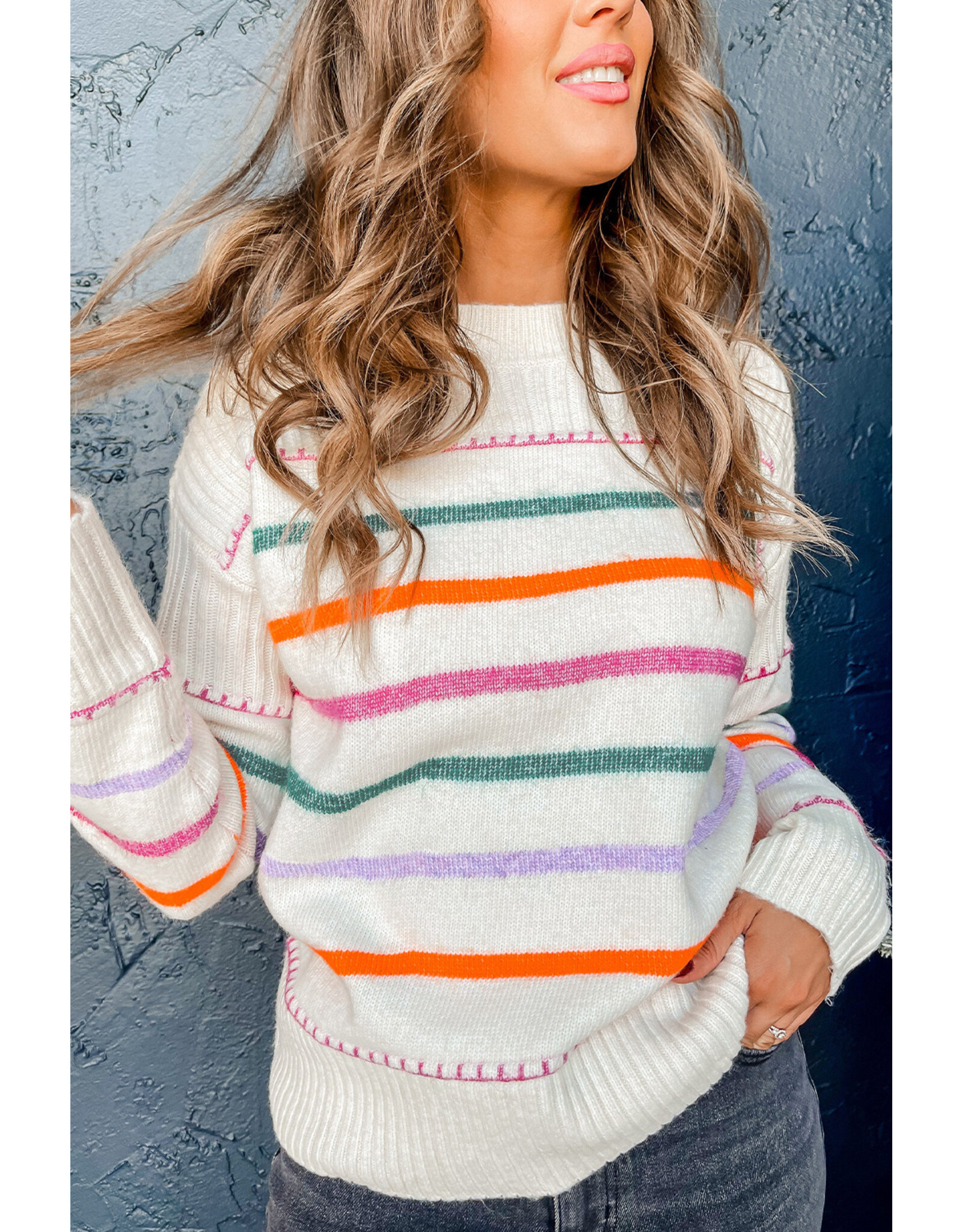 LATA White Colorful Striped Ribbed Sweater