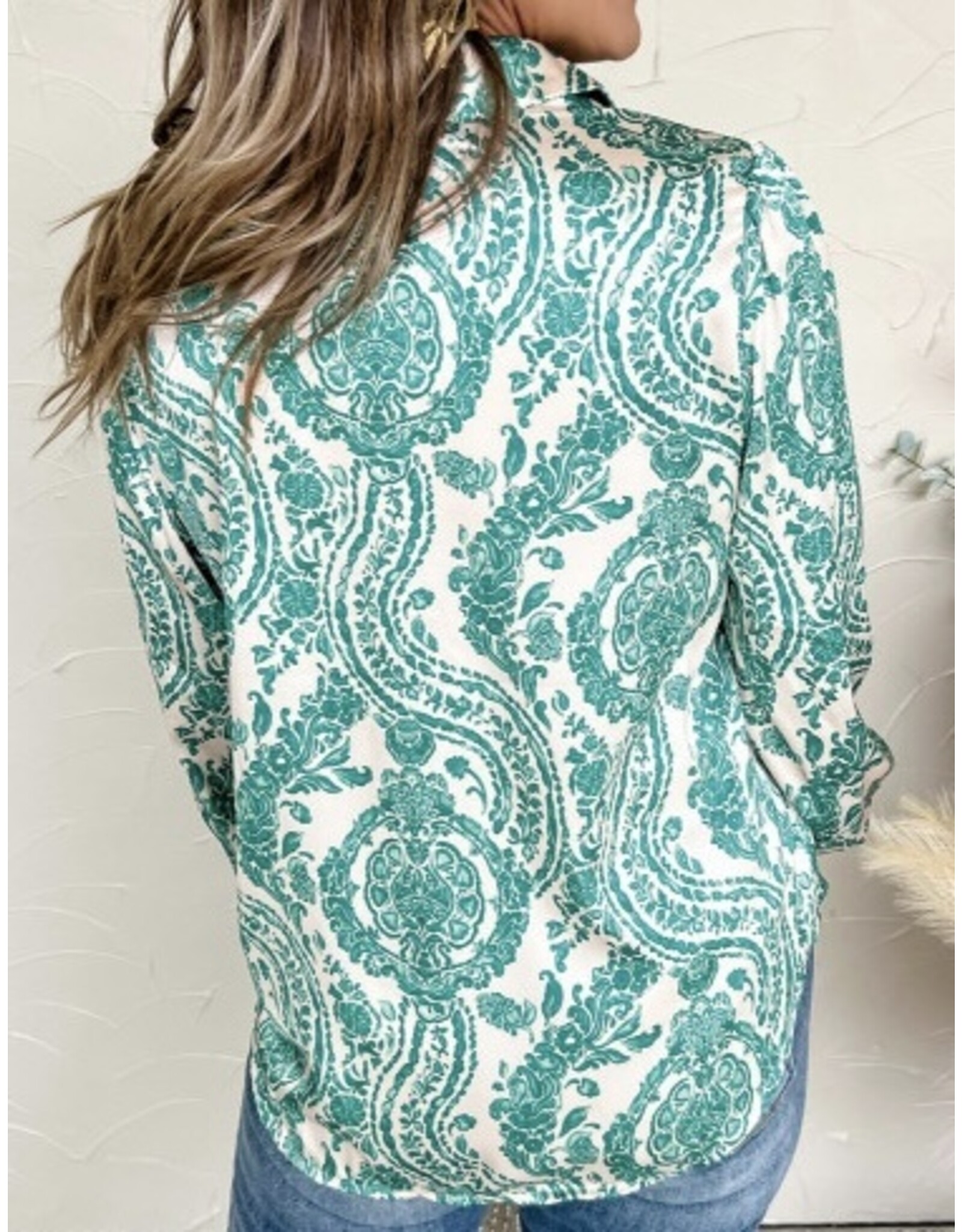 トップス WAX \"Paisley shirts L Green Paisley Print Smocked Cuff Buttoned Loose Shirt - LA