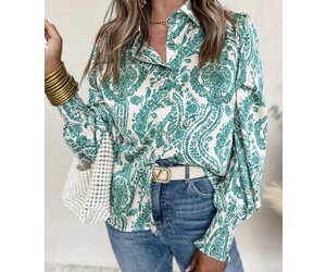 Green Paisley Print Smocked Cuff Buttoned Loose Shirt - LA