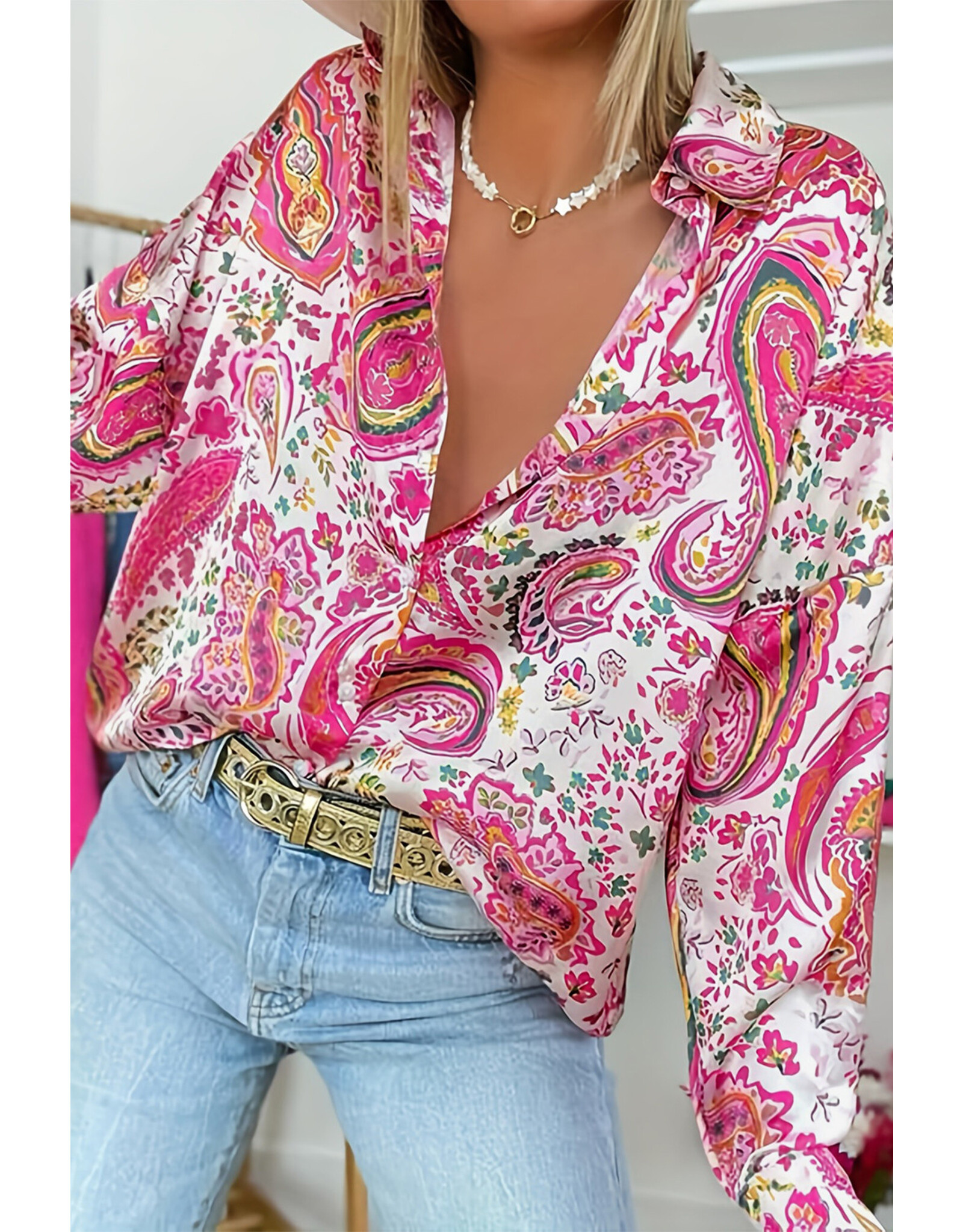LATA Pink Floral Paisley Shirt