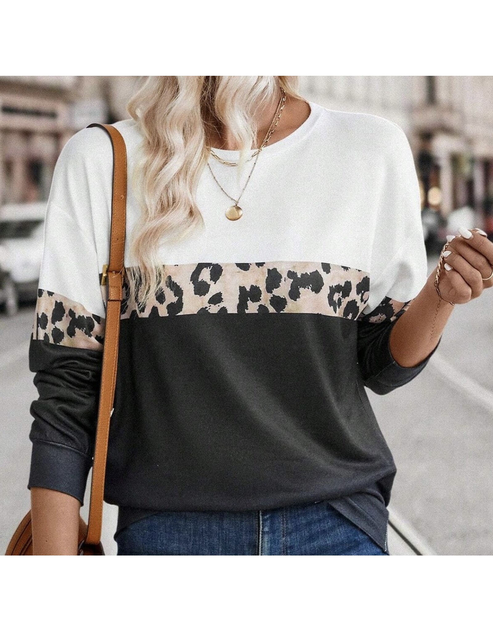 LATA Leopard Colorblock Long Slv Top