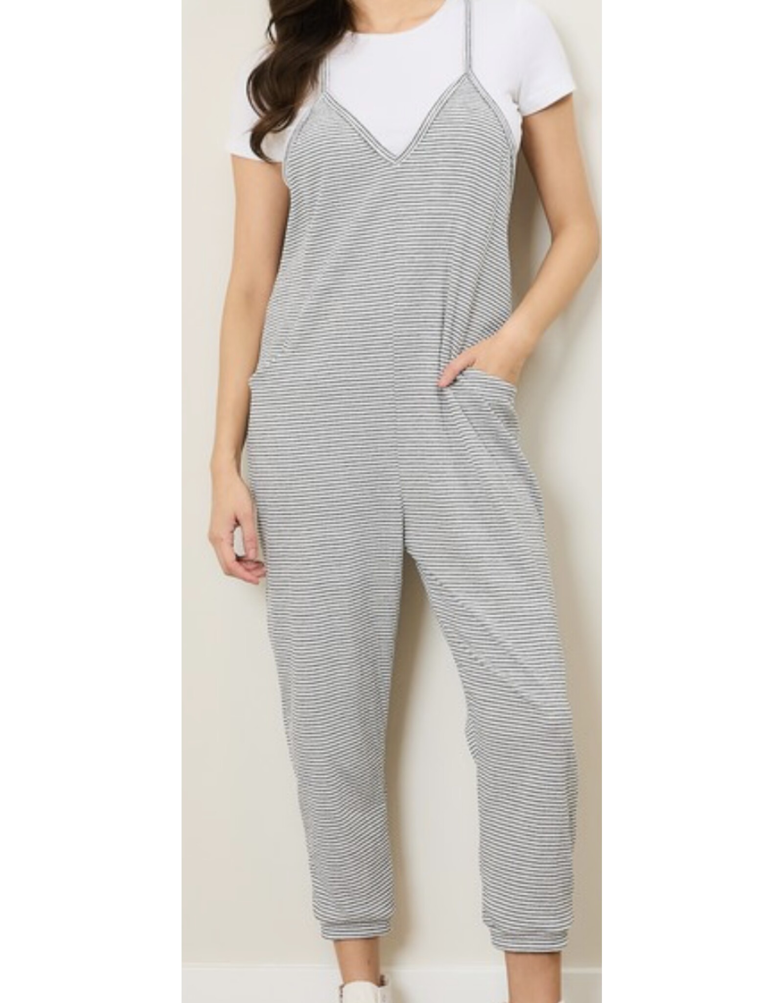 Striped V neck b/w jumpsuit