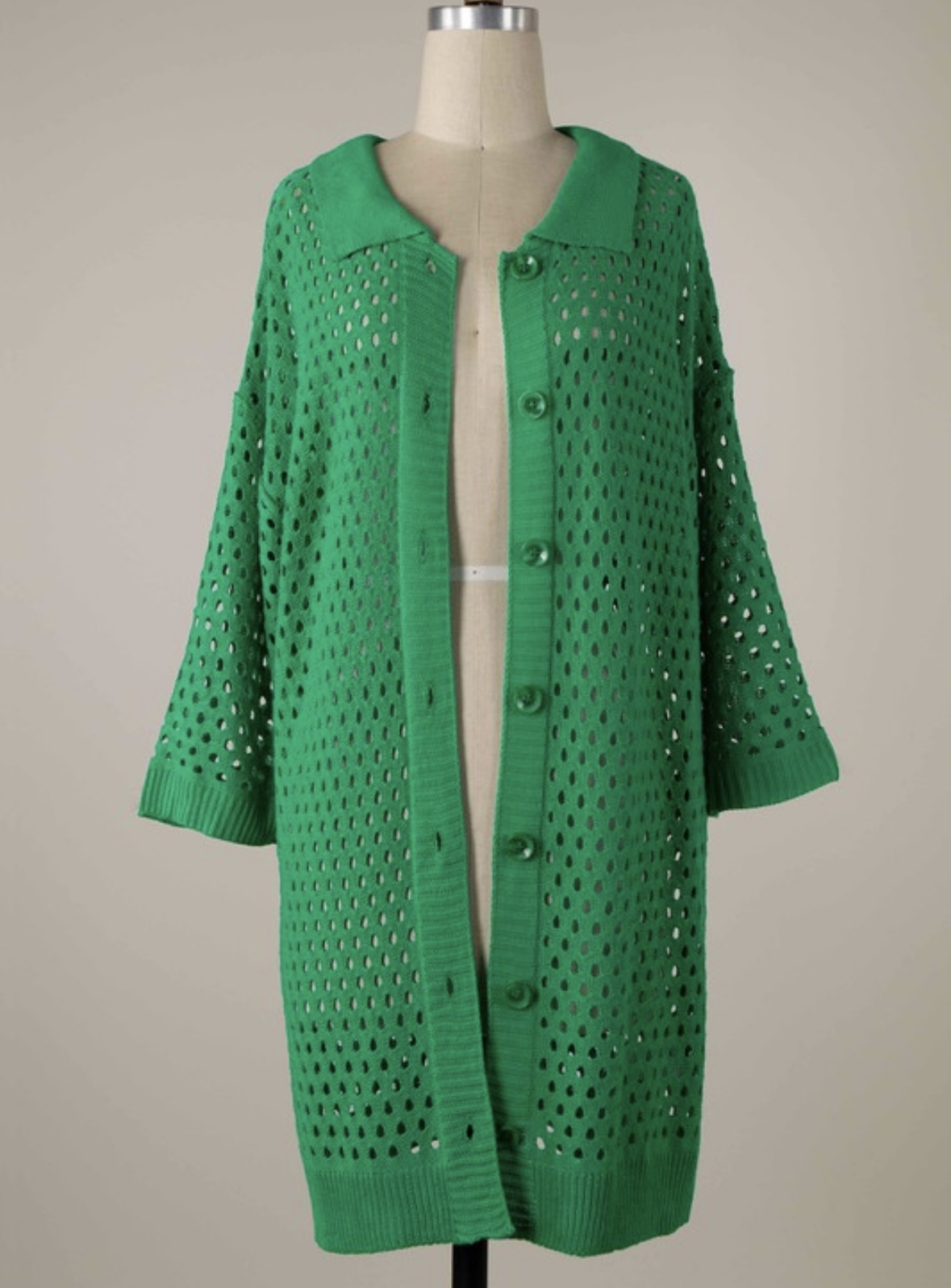 Crochet Long Cardigan with collared neck buttons LA Trends Addict