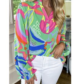 LATA Colorful Abstract Ruffled Slv Blouse