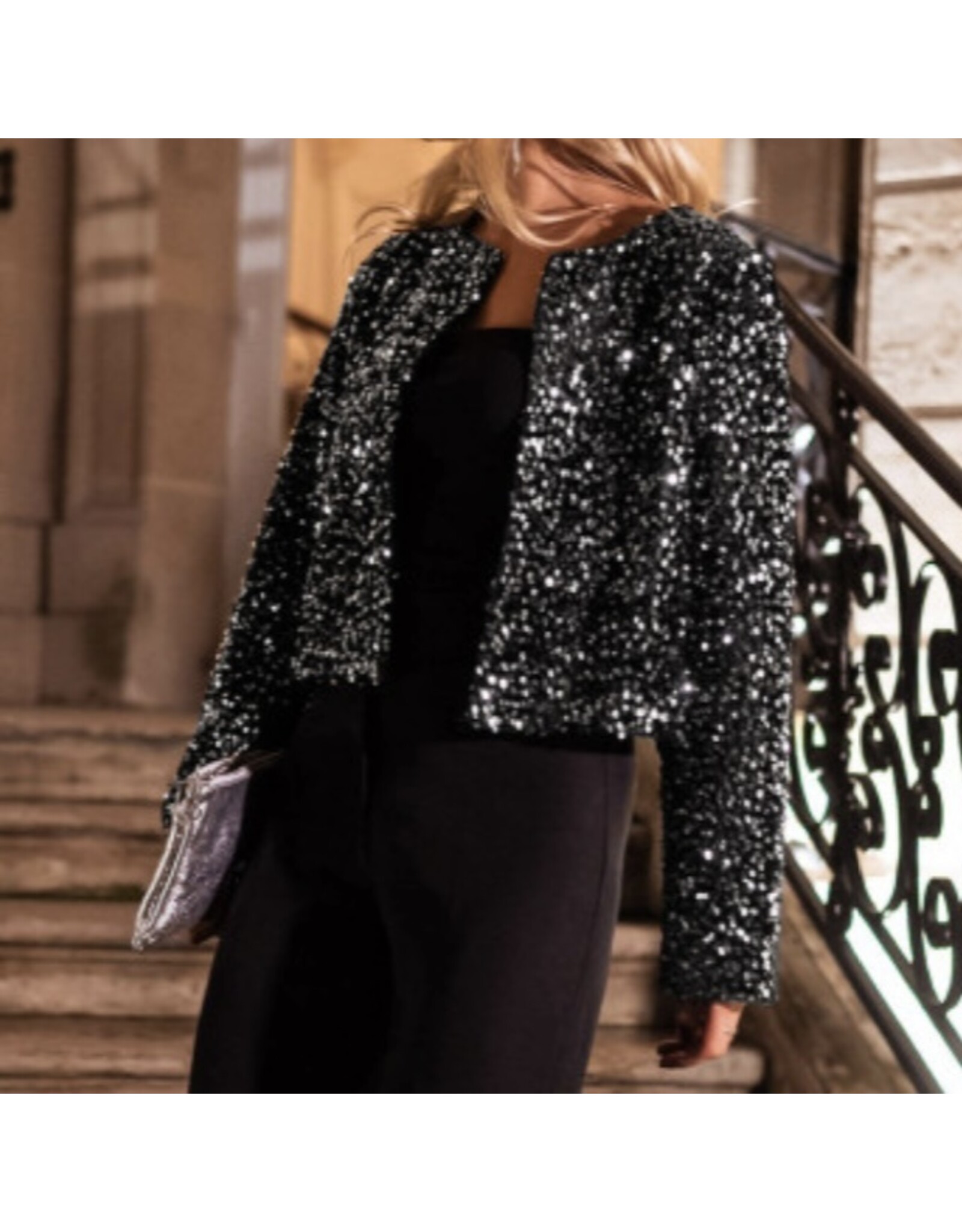 LATA Black Sequin open front crop jacket
