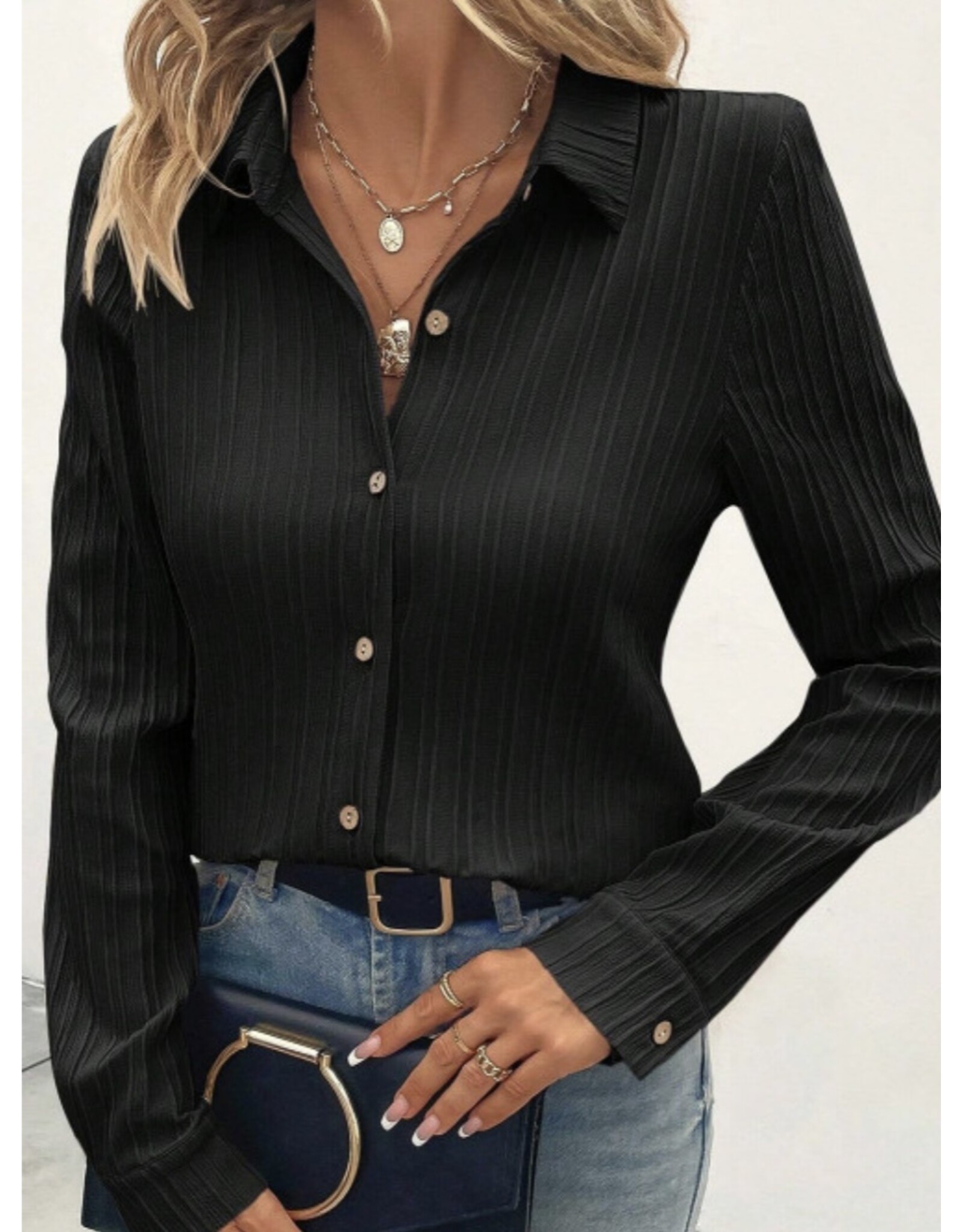 LATA Black textured long slv button shirt
