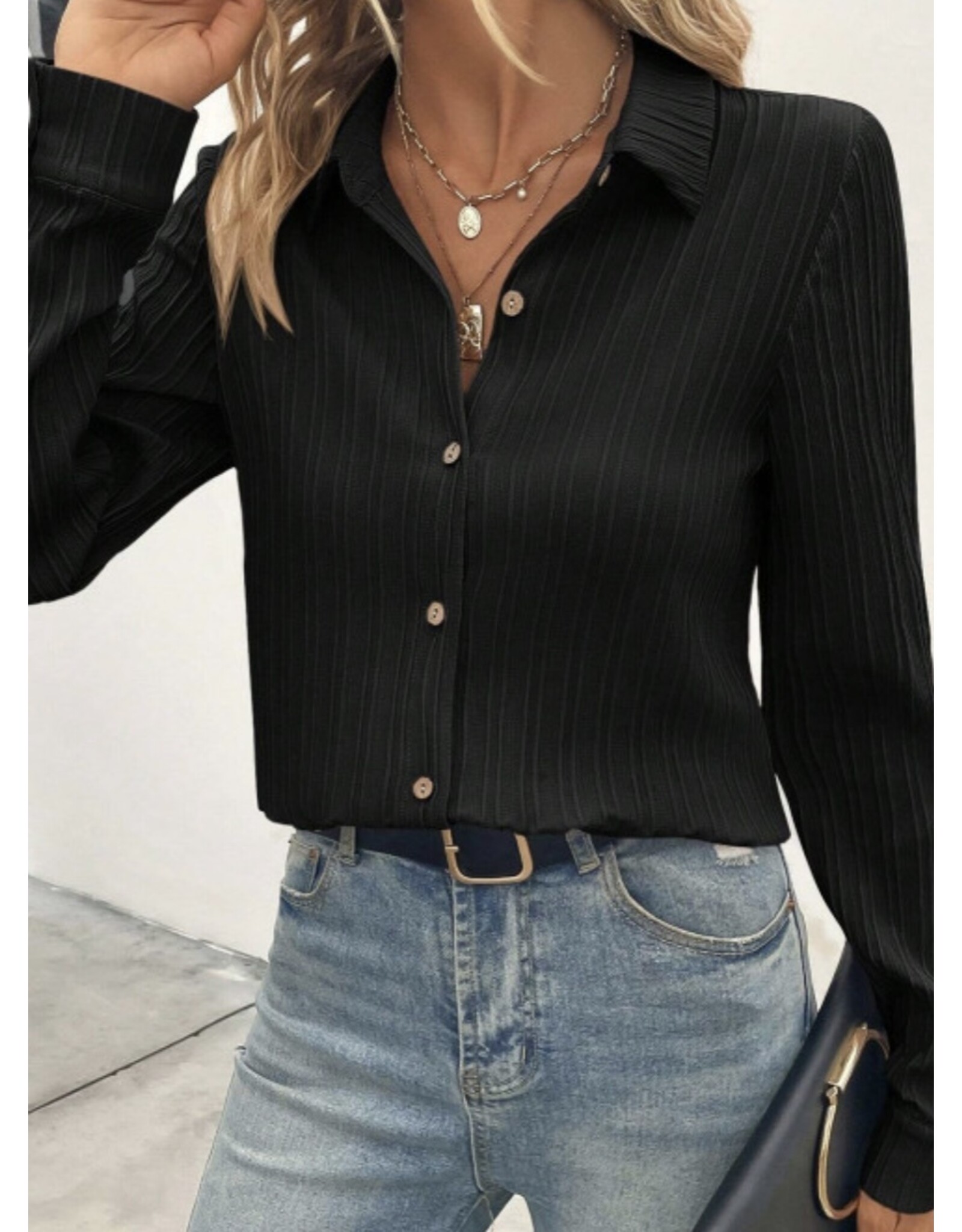 LATA Black textured long slv button shirt